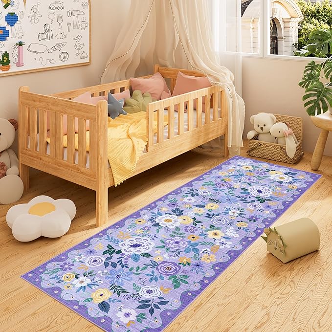 DUKINO Runner Rug, 2.6x8 Kitchen Rug for Hallway with Non Slip Backing, Washable Low Pile Soft Boho Floral Runner Carpet for Hallway, Kitchen, Entryway, Laundry, Bedroom, Purple