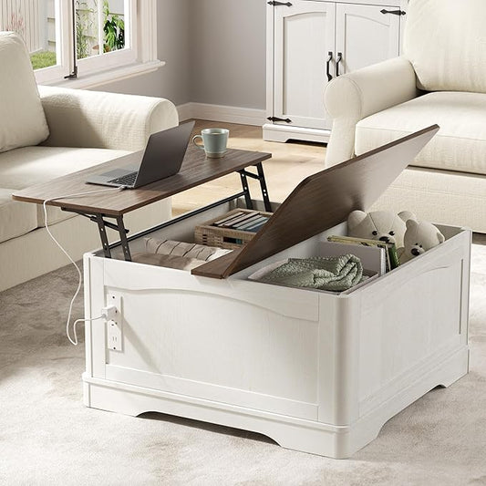 35" Farmhouse Lift Top Coffee Table, Wood Square Center Table with Charging Station, Rounded Edge Table with Hidden Storage, for Living Room, Bedroom, Office, AC, USB Output, White Walnut