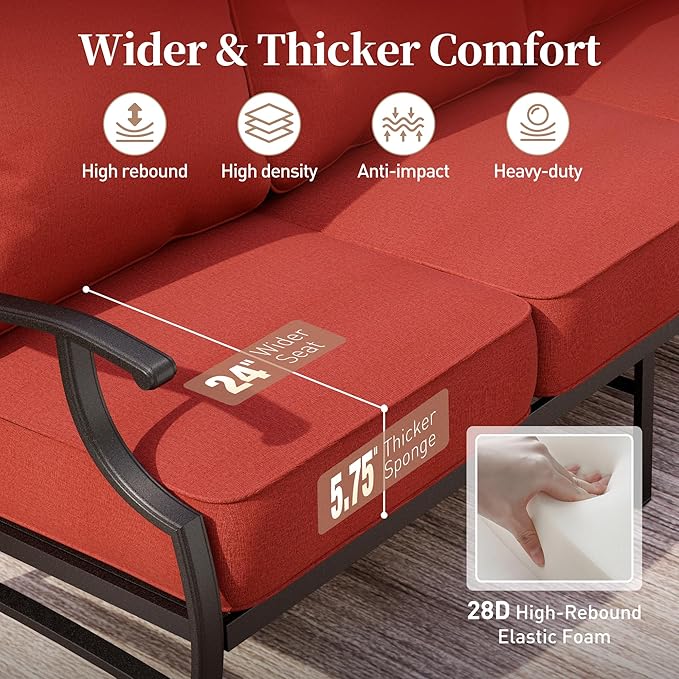 7 Piece Metal Outdoor Patio Furniture Sets, Patio Conversation Sets 1 3-Seater Sofa, 2 Fixed Chair, 2 Rocking Chair, 2 Ottomans with 5.75" Thick Cushion, Black Backyard Furniture, Red