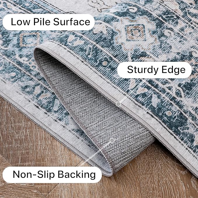 GENIMO Runner Rug 2x6, Machine Washable Runners, Non Slip Vintage Hallway Runner Rugs, Low Pile Lightweight Mat for Entryway, Hallway, Kitchen and Corridor, Blue