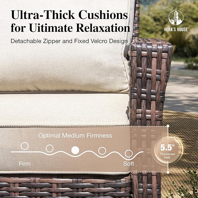 HERA'S HOUSE Patio Furniture Set with 35" High Back Swivel Chairs, Outdoor Wicker Conversation Sofa Sets, 5.5" Thick Cushions for Deck Lawn Poolside Backyard, Beige