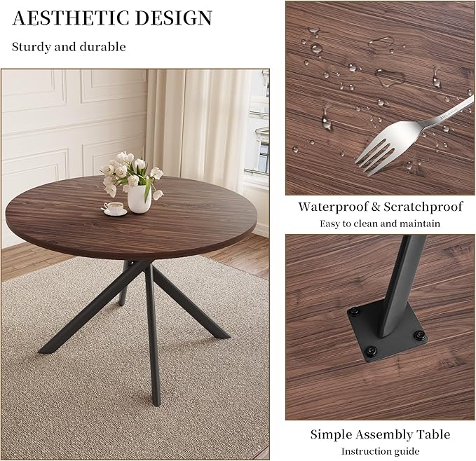 45.3 Inch Round Dining Table Set for 4, Mid Century Modern Small Coffee Set for Dining Room Kitchen Apartment (Dark Walnut Table + 4 U-Shaped White Chairs)