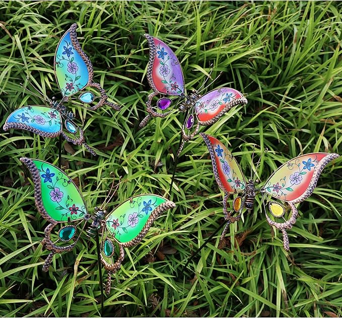 Juegoal Set of 4 Butterfly Garden Stake Decor, 32" Metal Colorful Butterflies Stakes, Yard Art Ornaments for Mom, Mothers Day Ideal Gifts, Outdoor Lawn Porch Pathway Patio Plant Pot Flower Bed