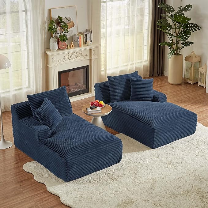 GNIXUU 78.8" Oversized Double Chaise Lounges Indoor, 2 Pieces Comfy Corduroy Chaise Lounge Chair Cloud Boneless Couch, Fluffy Upholstered Sleeper Loveseat Bed for Living Room Bedroom Reading(Blue)