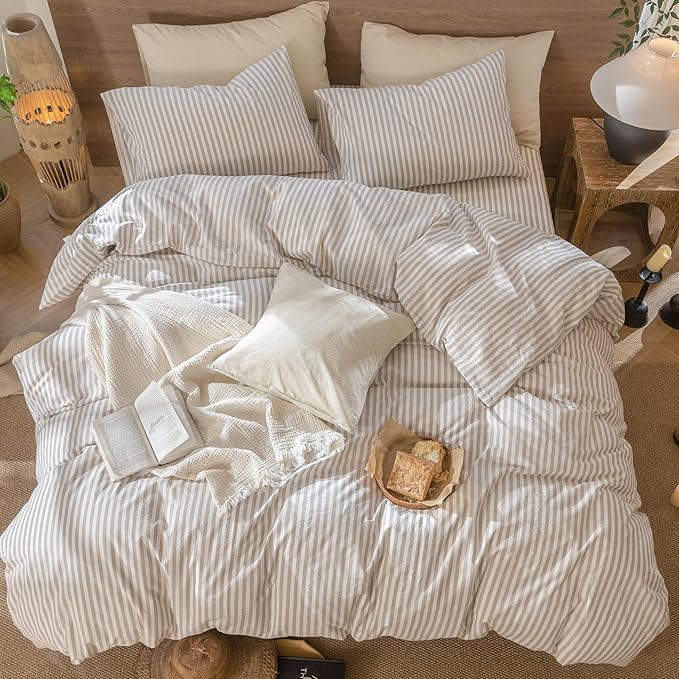 MooMee Striped Duvet Cover Set 100% Washed Cotton Linen Like Textured Breathable Durable Soft Comfy (Tannish Linen Grey White Classic Stripes, Cal King 104"x98")
