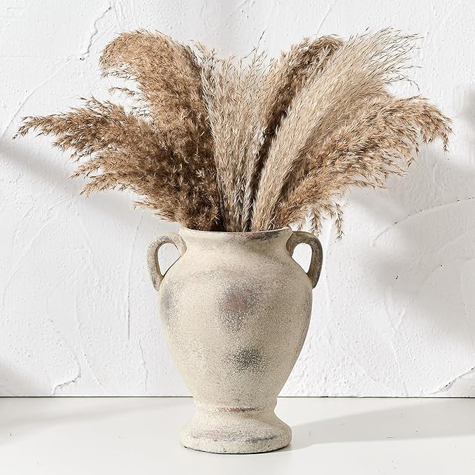 Ceramic Rustic Flower Vase with Handles, 8.46 Inch Tall Vintage Pottery Home Decor, Farmhouse Terracotta Vase for Living Room, Table, Shelf, Mantel Decoration, Farmhouse- Brown