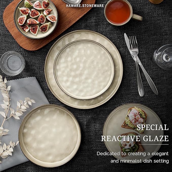 HaWare Dinnerware Sets, 16-Piece Plates and Bowls Set, Stoneware Dish Set for 4, Ceramic Dishware Set for Pasta Cereal, Chip and Scratch Resistant, Microwave and Dishwasher Safe, Saturn Khaki