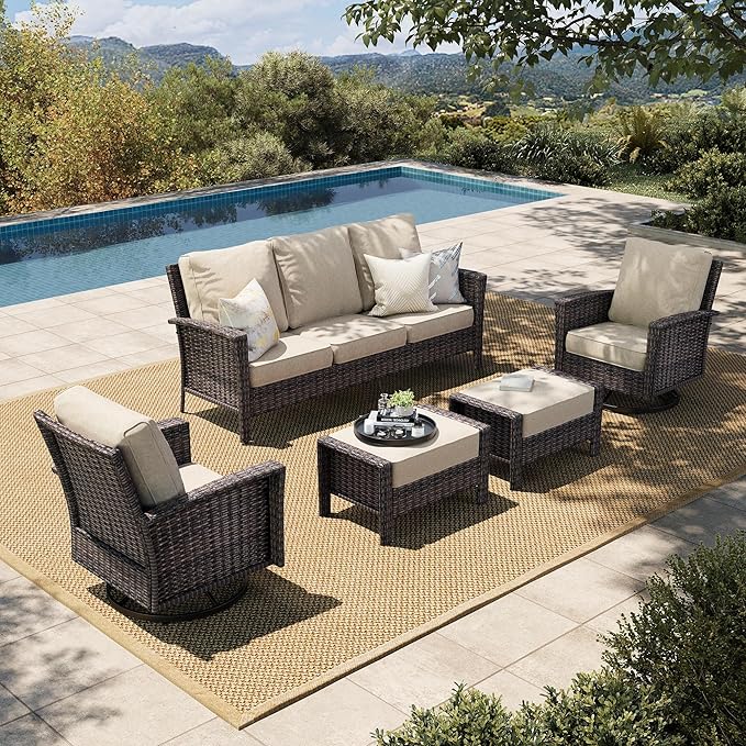 HERA'S HOUSE High Back Patio Furniture Set with Swivel Chairs, Outdoor Wicker Furniture with 5.5" Thick Cushions, Outside Conversation Sofa Sets for Backyard Deck Lawn, Beige