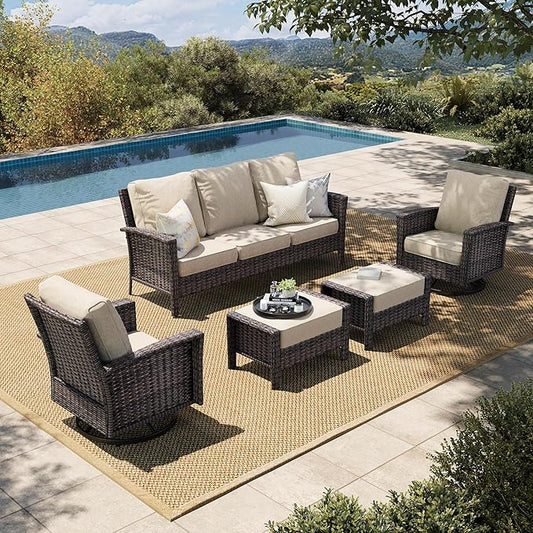HERA'S HOUSE High Back Patio Furniture Set with Swivel Chairs, Outdoor Wicker Furniture with 5.5" Thick Cushions, Outside Conversation Sofa Sets for Backyard Deck Lawn, Beige