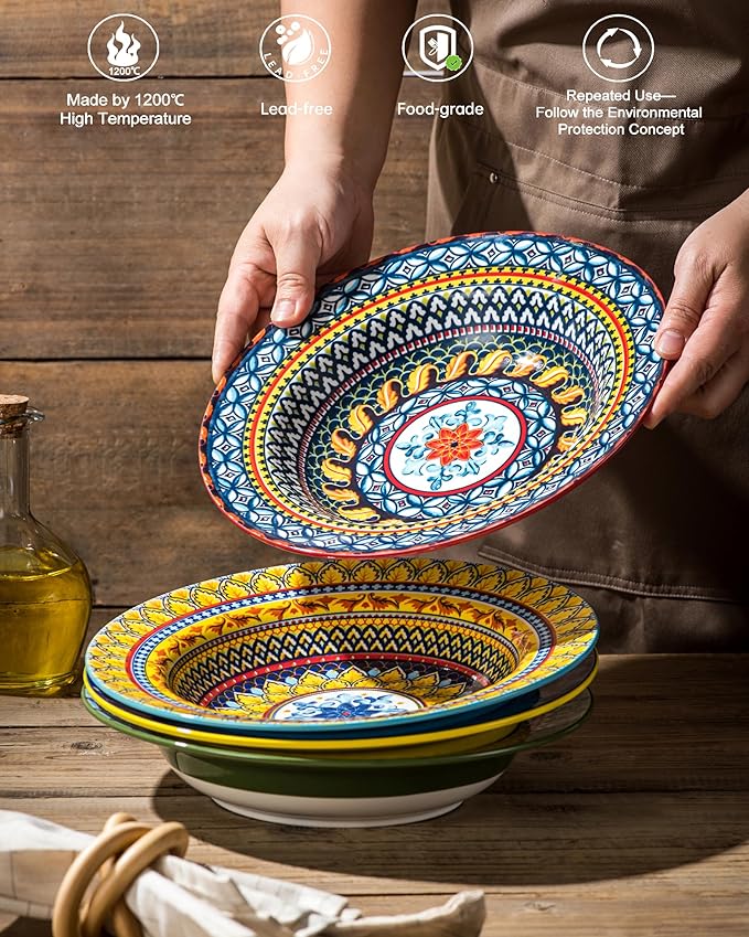 Soup and Pasta Bowls/Plates Set of 4-18 Oz Wide Rim, Porcelain Serving Bowls for Kitchen, Deep Dinner Plates - Microwave & Dishwasher Safe - Bohemian Style