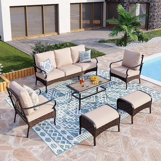 PHI VILLA Outdoor Modern Patio Furniture Set, Upgraded Wicker&Metal Patio Furniture Conversation Set with Waterproof Thick Cushions for Porch, Poolside, Deck, and Yard (6 Pieces,Beige)