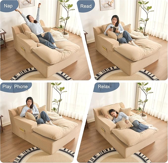 63" Oversized Chaise Lounge Chair Indoor, Extra Cloud Layer, Convertible Sleeper Sofa Couch with Removable Pillows & Side Pockets, Corduroy Upholstered Sofa Bed with Armrests for Living Room, Camel