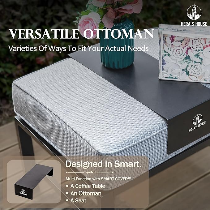 HERA'S HOUSE 6 Piece Patio Furniture Set, 2 x Swivel Cushioned Chair, 2 x Cushioned Ottoman, 1 x 3-Seat Sofa with Marbling Coffee Table, Outdoor Conversation Set for Lawn Garden Backyard, Gey