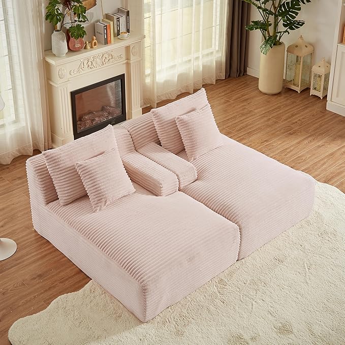 Oversized Double Chaise Lounge, Corduroy Boneless Couch, Modern Oversized Chaise Lounge, Upholstered Sleeper Sectional Sofa Daybed with Throw Pillows and Armrest for Living Room, Pink