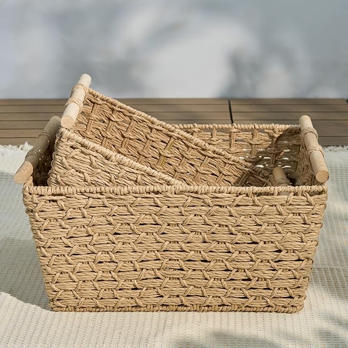 Isidore Paper Rope Woven Rectangular Multi-Use Baskets, 16.9" x 12.9" x 8.6", 14.5" x 11.8" x 5.5", Natural Brown