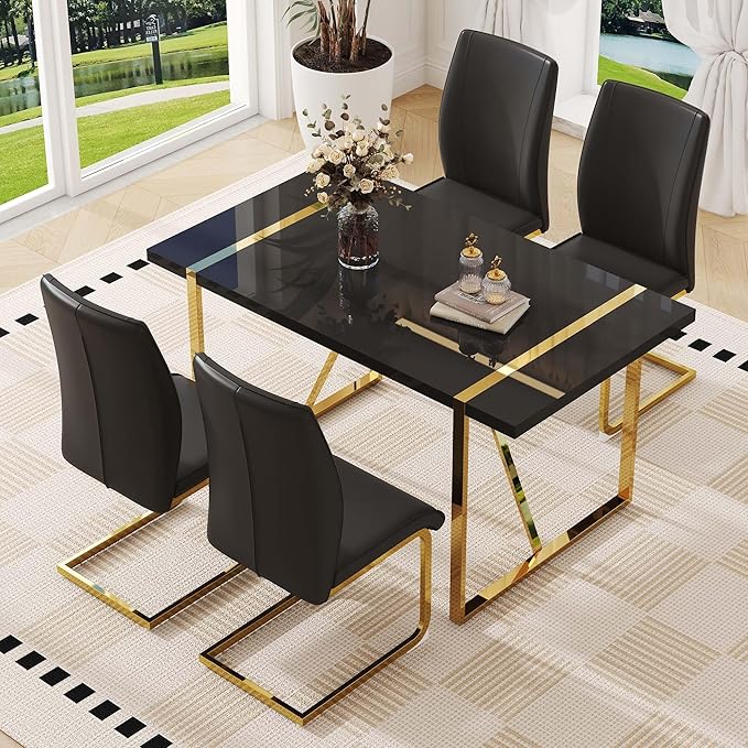 55" Black Dining Table Set for 4, 5 Piece Dining Table Set, 1.5" Black Glossy Wood Tabletop with Gold Metal Legs, Modern Kitchen Table Set with 4 Bow-legged Faux Leather Chairs for Dining, Small Space
