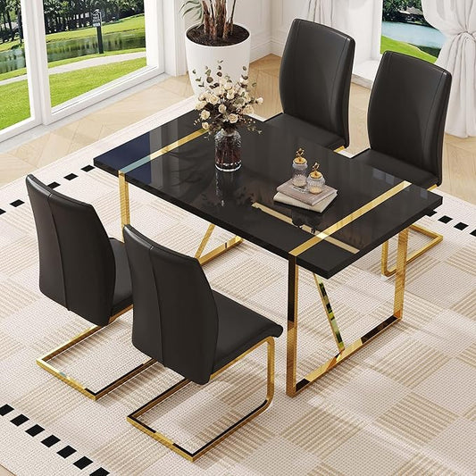 55" Black Dining Table Set for 4, 5 Piece Dining Table Set, 1.5" Black Glossy Wood Tabletop with Gold Metal Legs, Modern Kitchen Table Set with 4 Bow-legged Faux Leather Chairs for Dining, Small Space