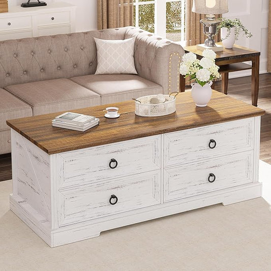 Coffee Table with Storage, 47.2 in Farmhouse Wooden Center Table with 4 Drawers for Living Room, Antique White Walnut, Easy Assembly Rectangle Home Office Tea Accent Table for Apartment