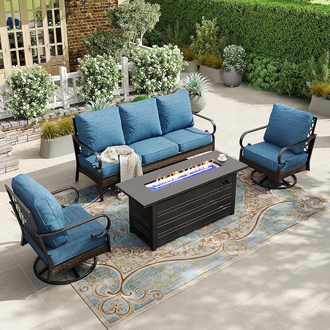 HERA'S HOUSE 4 Piece Patio Furniture Set with 56" Fire Pit Table, 2 x Swivel Cushioned Chair, 1 x 3-Seat Sofa, 5-Seats Outdoor Conversation Set for Lawn Garden Deck, Pacific Blue