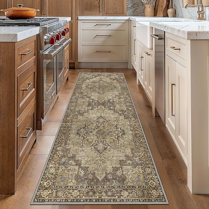 GENIMO 2'6''x14 Runner Rugs for Hallway, Machine Washable Non Slip Vintage Rugs, Low Pile Lightweight Soft Print Rug for enrtyway, Corridor, Home Office, Kitchen, Rustic Brown