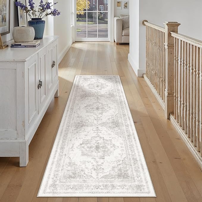 Runner Rug 3x7 Washable Light Gray Hallway Runner Vintage Boho Medallion Non Slip Grey Distressed Retro Carpet Indoor Low Pile Long Soft Rug for Kitchen Entryway Bedroom Bathroom Laundry