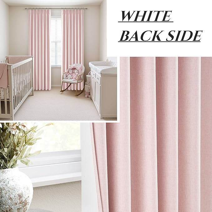 Pink Blackout Thick Linen Drapes 108 Inches Long 2 Panels Set for Bedroom, Extra Long Pinch Pleated Floor to Ceiling Boho Curtains Room Darkening Privacy Ceiling Track Burg for 108 Inch Large Windows