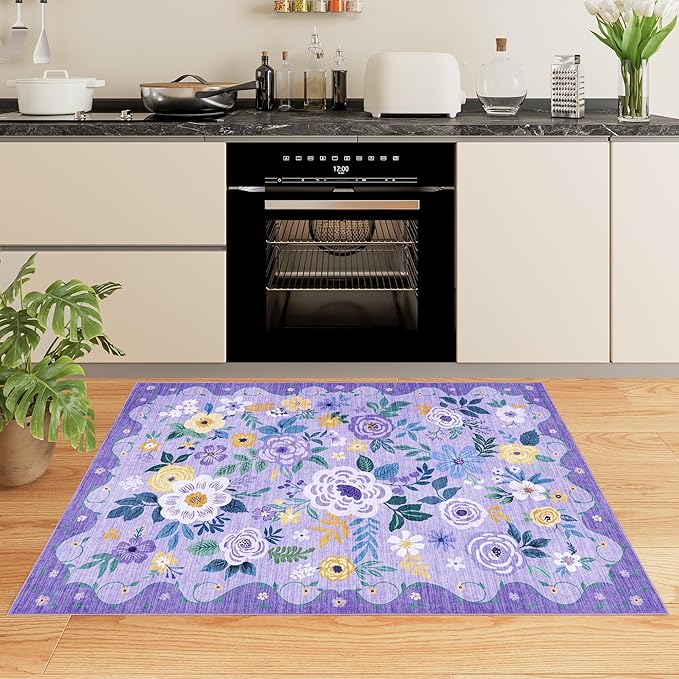 DUKINO 3x5 Area Rug, Floral Rugs for Living Room, Lightweight Non Slip Washable Rug, Indoor Low Pile & Non-Shedding Boho Design Rugs for Bedroom, Living Room, Dining Room, Purple
