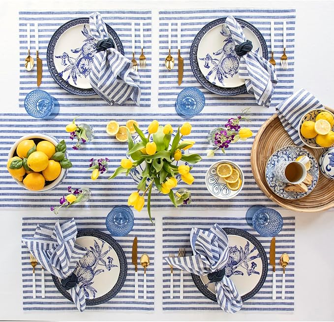 Solino Home Linen Placemats Set of 4 - Amalfi Stripe Navy and White Placemats 14 x 19 Inch - 100% Pure Linen Place Mats for Fall, Autumn, Thanksgiving, Christmas, Holiday