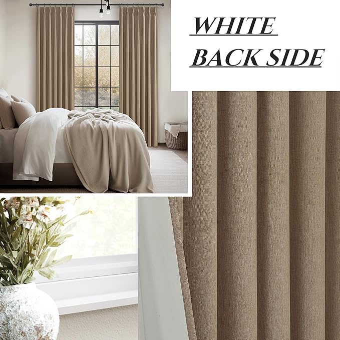 RustBrown Linen Pinch Pleated Blackout Curtains & Drapes 96 Inch Long Bedroom/Livingroom Farmhouse Curtains 2 Panel Sets, Neutral Track Room Darkening Thermal Insulated 8ft Back Tab Window Curtain