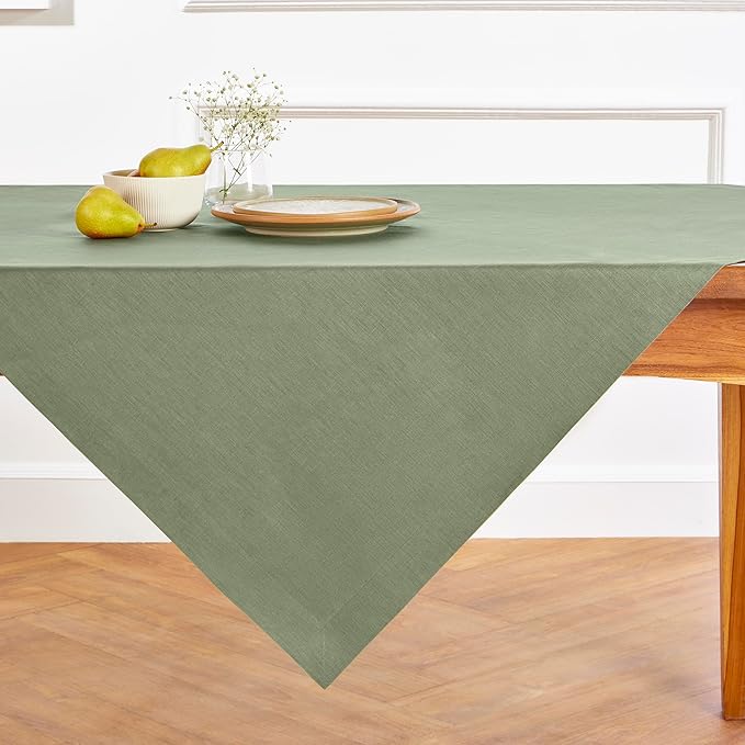 Solino Home Linen Square Tablecloth 52 x 52 Inch - 100% Pure Linen Oil Green Table Throw - Fete, Machine Washable Table Cloth for Fall, Autumn, Thanksgiving, Christmas