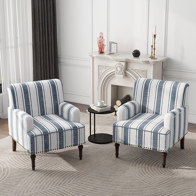 Modern Accent Chair with Arms,2 Set Mid Century Stripe Armchair for Living Room,Comfy Linen Fabric Single Sofa for Apartment Bedroom,Comfortable Cushioned Seat for Reading Home Office-Dark Blue Stripe