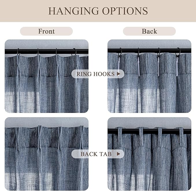 MYSKY HOME Blue Sliding Door Curtains 108 Inches Long, Semi Sheer Soft Cotton Window Draperies Set for Living Room Pinch Pleated Drapes Country Curtains Back Tab, 40 x 108 Inch, Dusty Blue, Set of 2
