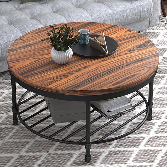 NSdirect 36" Round Coffee Table with Storage Shelf, Dark Grey Brown Vintage Wood Top & Metal Legs - 18.5" Height End Table for Small Spaces (Dark Red Brown)