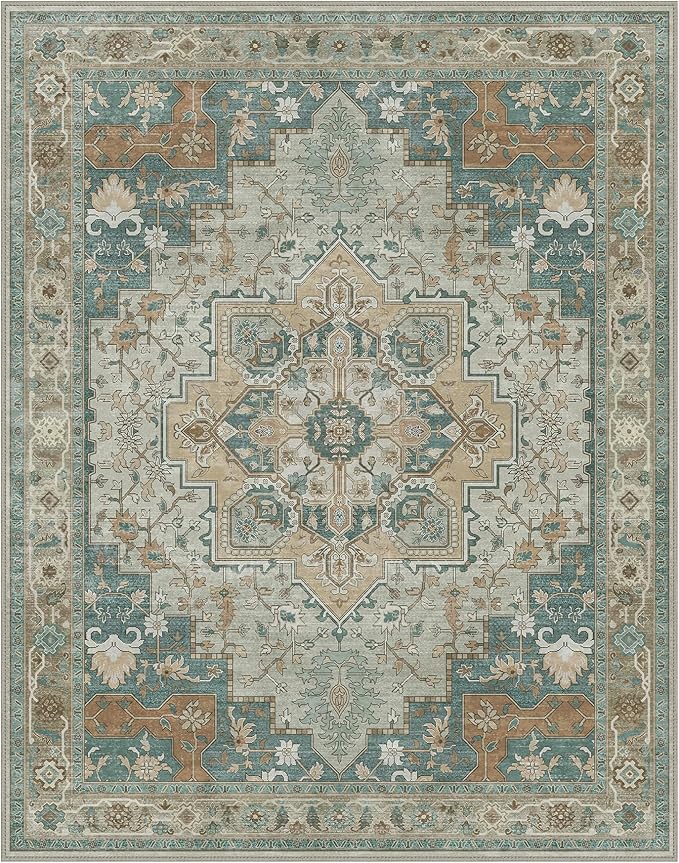 GENIMO 8x10 Area Rugs for Living Room, Machine Washable Non Slip Vintage Rugs, Low Pile Lightweight Chenille Print Rug for Bedroom, Dining Room, Home Office,Ash Blue