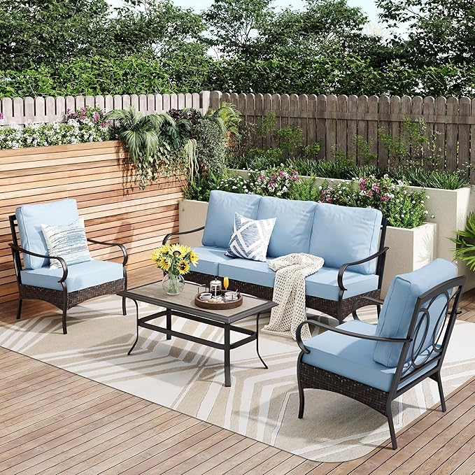 PHI VILLA Outdoor Modern Patio Furniture Set, Upgraded Wicker&Metal Patio Furniture Conversation Set with Waterproof Thick Cushions for Porch, Poolside, Deck, and Yard (4 Pieces,Blue)