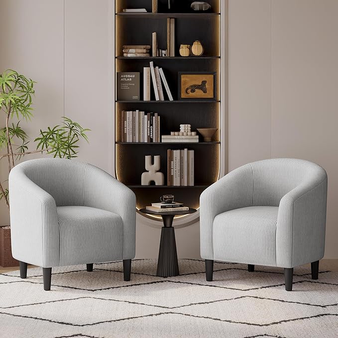 Yaheetech Accent Barrel Chair, Corduroy Fabric Club Chair, Furry Sherpa Elegant Armchair with Cozy Soft Padded for Living Room Bedroom Reception Room Office, Set of 2, Light Gray