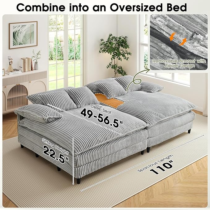 110" W Oversized Double Chaise Lounge Sofa Couch, Corduroy Sleeper Sofa Bed with Adjustable Backrest, Modern Upholstered Cloud Couch with Deep Seat & Pillows for Living Room, Grey