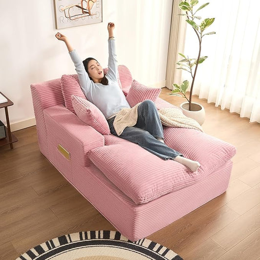 63" Oversized Chaise Lounge Chair Indoor, Extra Cloud Layer, Convertible Sleeper Sofa Couch with Removable Pillows & Side Pockets, Corduroy Upholstered Sofa Bed with Armrests for Living Room, Pink