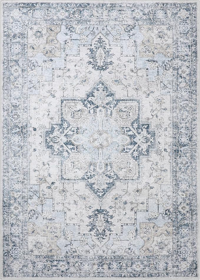 GENIMO 5x8 Area Rugs for Living Room, Machine Washable Low Pile Rugs, Chenille Non Alip Vintage Rug for Bedroom, Dining Room, Home Office, Blue