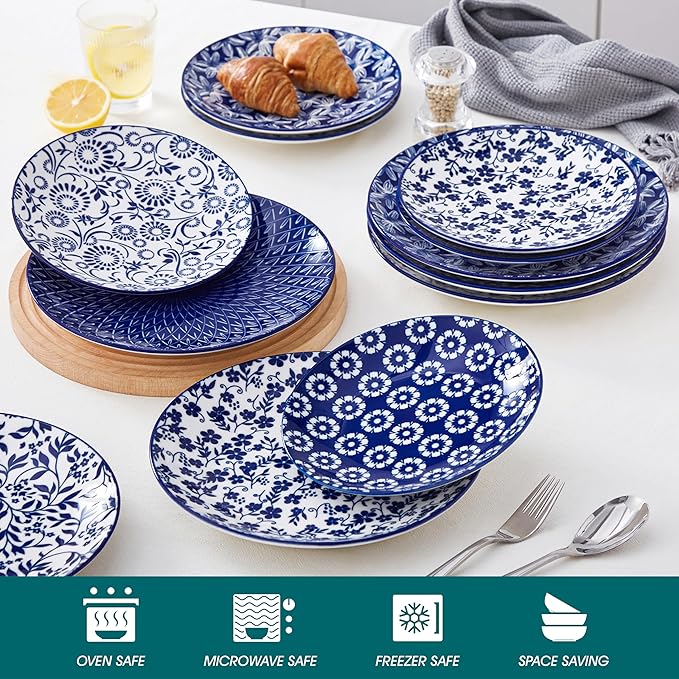 vancasso Ceramic Dinner Plates Set of 6, Large Vintage Plates 10.25 Inch Set of 6 for Kitchen, Porcelain Blue and White Plates for Kitchen, Microwave Oven Dishwasher Safe, Vintage Gift, Blue