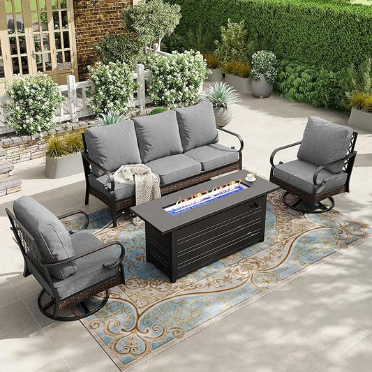 HERA'S HOUSE 4 Piece Patio Furniture Set with 56" Fire Pit Table, 2 x Swivel Cushioned Chair, 1 x 3-Seat Sofa, 5-Seats Outdoor Conversation Set for Lawn Garden Deck, Grey