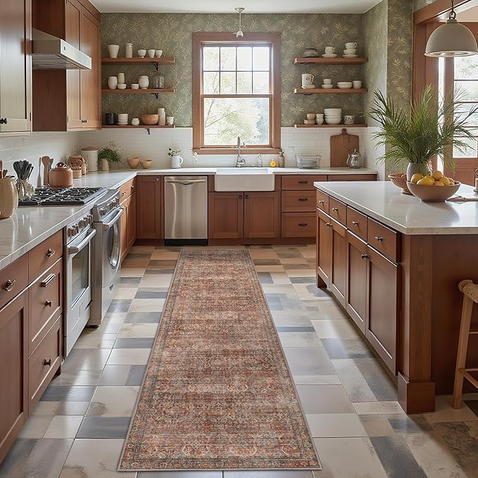 GENIMO 2x7 Runner Rugs for Hallway, Machine Washable Non Slip Vintage Rugs, Low Pile Lightweight Soft Print Rug for enrtyway, Corridor, Home Office, Kitchen, Terracotta Indigo