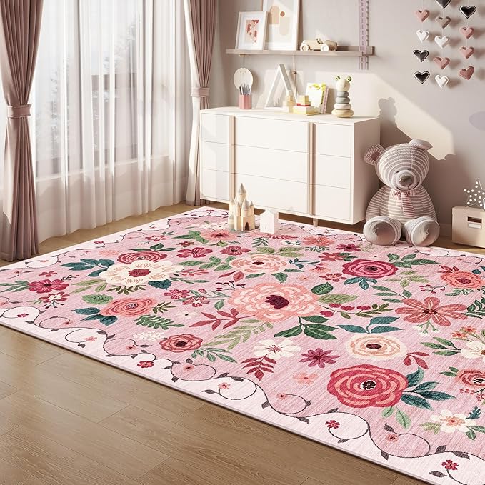 DUKINO 8x10 Area Rug, Floral Rugs for Living Room, Lightweight Non Slip Washable Rug, Indoor Low Pile & Non-Shedding Boho Design Rugs for Bedroom, Living Room, Dining Room, Pink