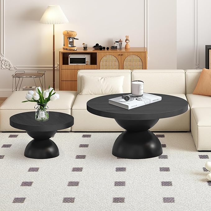 Solid Wood Round Nesting Coffee Table Set of 2, Circle Accent Tables with Unique Semi-Circular Legs, Mid Century Modern Side End Table Set for Small Space Living Room Office (Black)