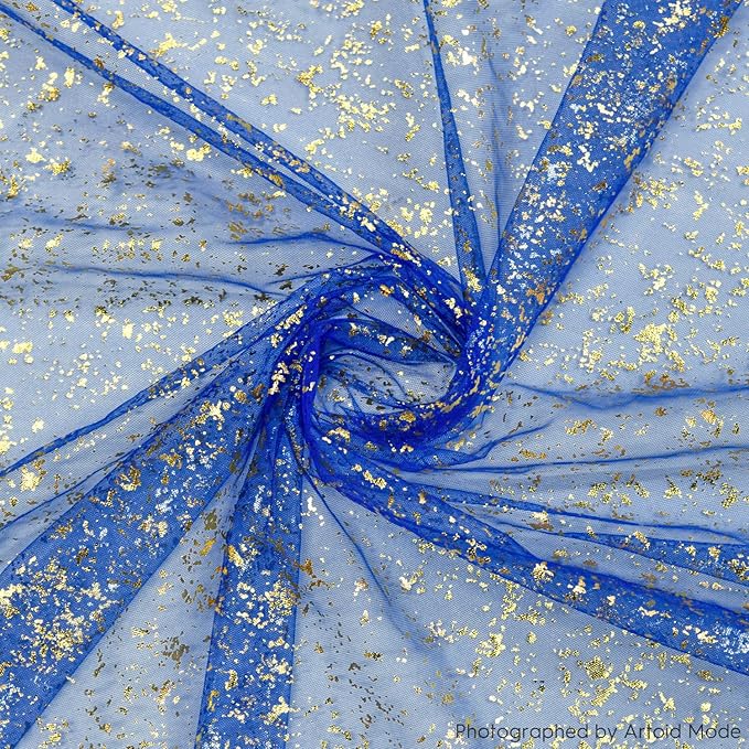 Artoid Mode 6PCS Blue Gold Gauze Table Runner 120 Inch 10FT, Glitter Metallic Foil Sheer Dining Wedding Anniversary Holiday Table Decor for Home Party