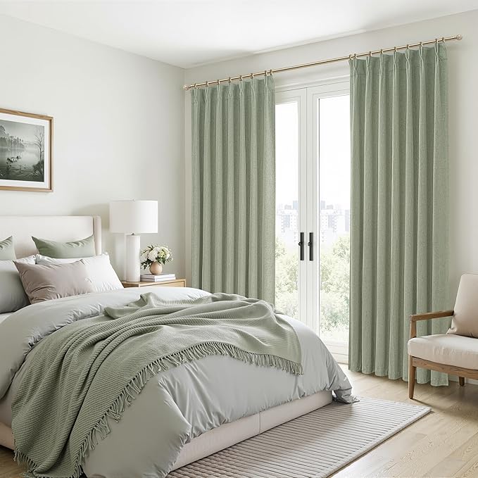 Sage Green Blackout Linen Curtains 84 Inches Long for Living Room Bedroom, Pinch Pleated Boho Light Drapes Viral Window Curtain with Pinch Pleat Clips Thermal Insulated (40"Wx84"Lx2Panels Sage)