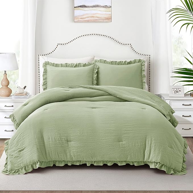 Bonlino Bedding Comforter Set King - 3 Pieces Farmhouse Comforter Ruffle Boho Bed Comforter, Fluffy Soft Lightweight Bedding Chic Rustic Country Style for Home Bedroom Dorm (King, Sage Green)