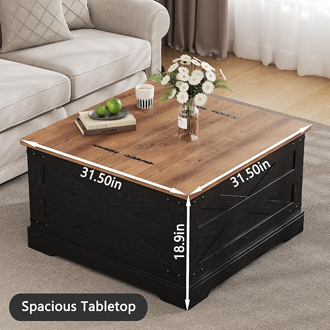 Farmhouse Coffee Table with Hidden Storage, Black Square Coffee Table for Living Room, Wood Large Center Table with Hinged Lift Top for Home, Office