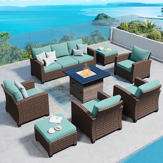 Patio Furniture Set Outdoor Furniture Brown Wicker Rattan Patio Conversation Sets with Cushion Outside Sofa Set,7 Pieces with Firepit Table,9 Seats,Blue
