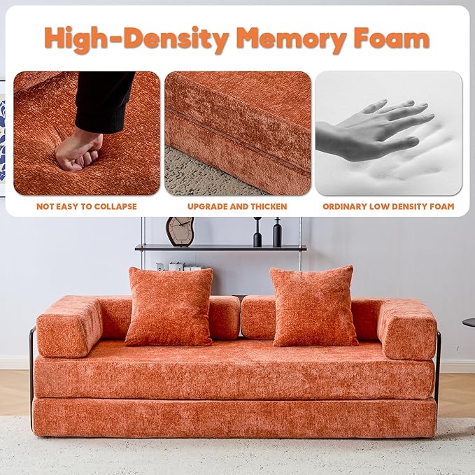 Convertible Floor Sofa Bed with Fixed-Shape Frame, Modular Chenille Folding Mattress Couch with Armrest, Floor Sofa Lounge Couch for Living Room Bedroom Lounge Studio,Burnt Orange